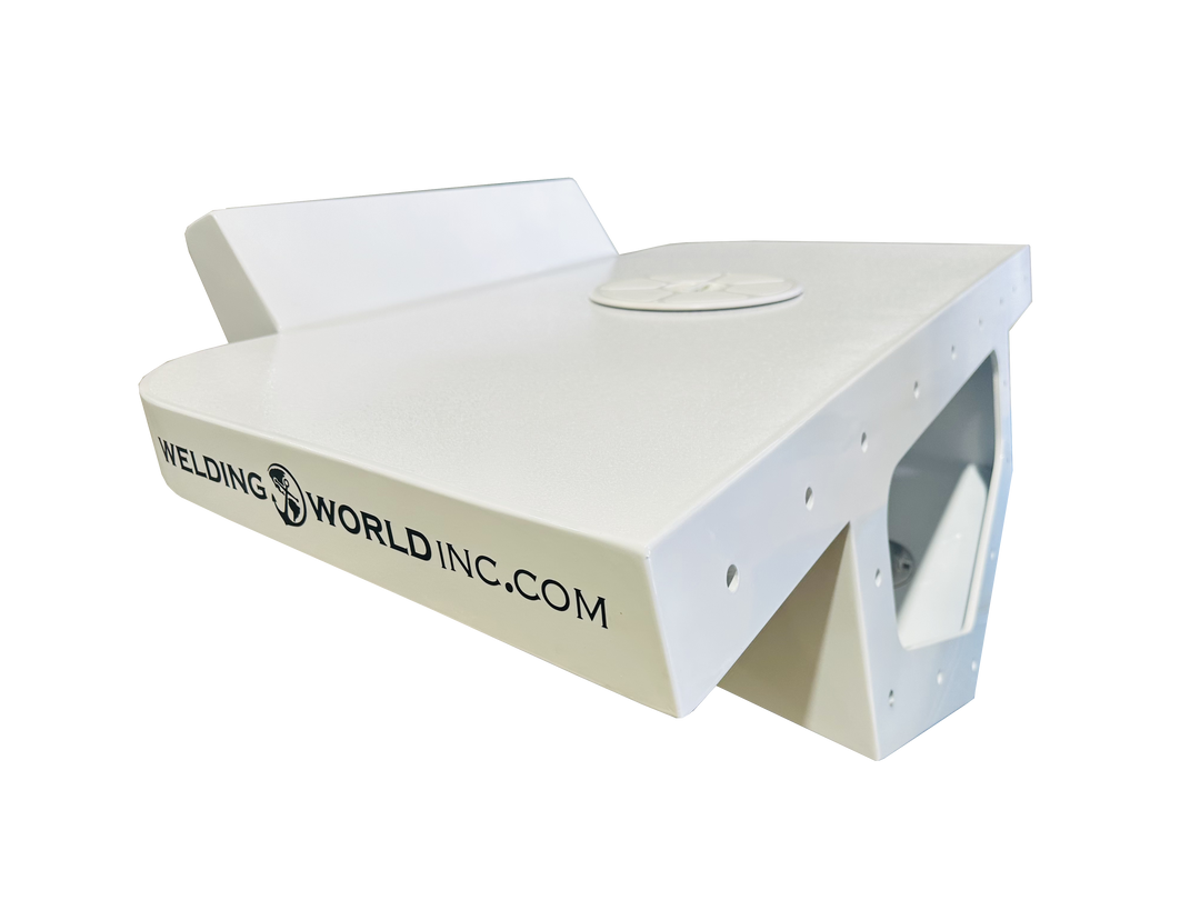 A custom-built high flotation single outboard engine bracket, featuring a sleek white design with a rounded edge and a circular mounting plate on top. The bracket is branded with "Welding World Inc." on the side, showcasing its sturdy construction and functionality for marine applications