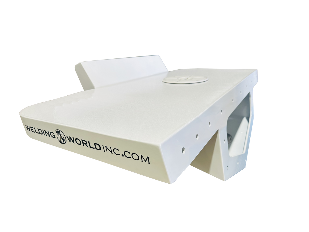 A white high flotation single for a Grady White 209 boat, featuring a smooth surface and a circular access plate on top, with the logo 'Welding World Inc.' displayed on the side