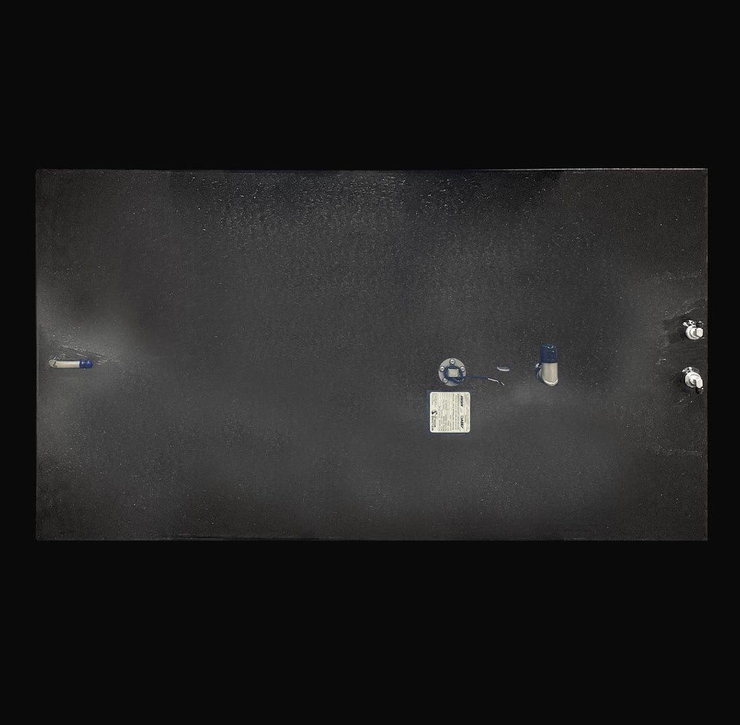 Top-down plan view of a 178-gallon Intrepid 30 (1991) main fuel tank replacement, showcasing the precision layout of top-mounted fittings and the rugged Coal Tar Epoxy finish. This perspective highlights the heavy-duty .190" marine-grade aluminum construction and integrated fuel sender, ensuring a guaranteed OEM fit and maximum corrosion resistance for classic offshore Intrepid restorations.