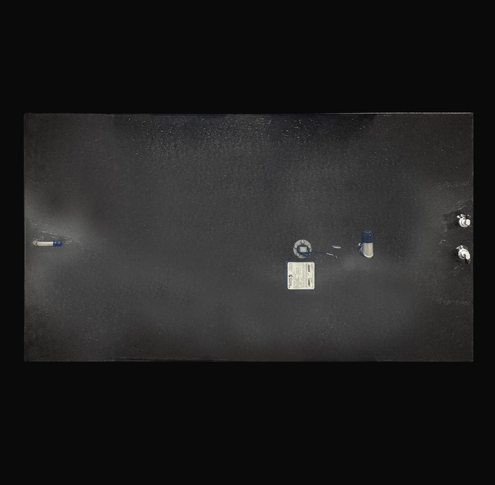 Top-down plan view of a 178-gallon Intrepid 30 (1991) main fuel tank replacement, showcasing the precision layout of top-mounted fittings and the rugged Coal Tar Epoxy finish. This perspective highlights the heavy-duty .190" marine-grade aluminum construction and integrated fuel sender, ensuring a guaranteed OEM fit and maximum corrosion resistance for classic offshore Intrepid restorations.