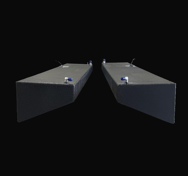 Front-facing profile of a 1991 Intrepid 30 wing fuel tank pair (Port and Starboard) showing the specialized sloped hull-conforming geometry. Each 47-gallon replacement tank is constructed from heavy-duty .190" marine-grade aluminum and finished with a high-build Coal Tar Epoxy coating, ensuring a guaranteed OEM fit and superior corrosion resistance for classic Intrepid restorations.