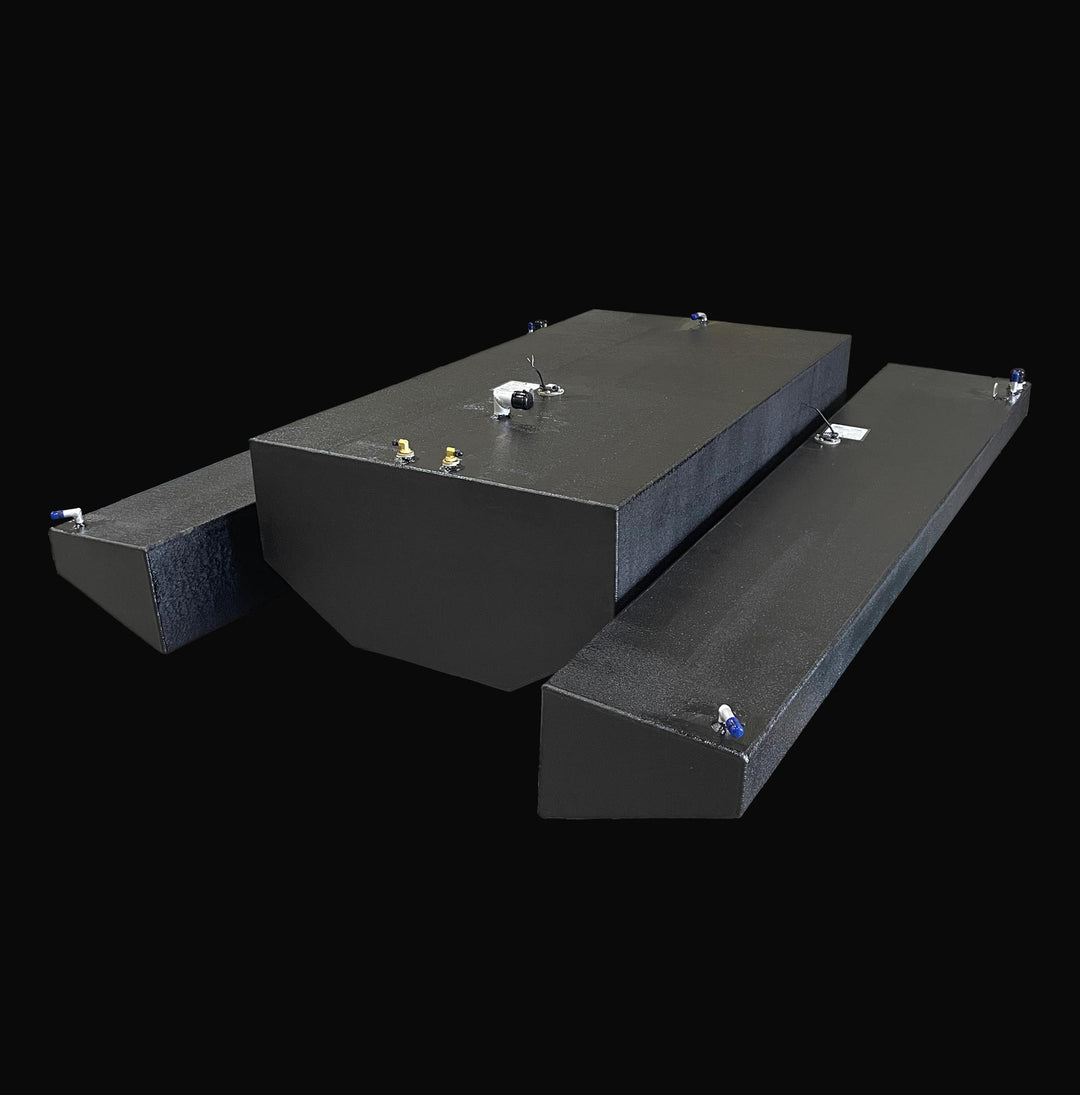 High-angle isometric view of the complete 3-tank fuel system replacement for a 1991 Intrepid 30, featuring a 178-gallon main tank and 47-gallon port/starboard wing tanks. The image showcases the precision-engineered hull-conforming geometry and the rugged, high-build Coal Tar Epoxy coating, designed for a guaranteed OEM fit and maximum corrosion resistance in foamed-in marine environments.