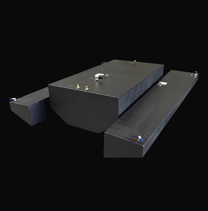 High-angle isometric view of the complete 3-tank fuel system replacement for a 1991 Intrepid 30, featuring a 178-gallon main tank and 47-gallon port/starboard wing tanks. The image showcases the precision-engineered hull-conforming geometry and the rugged, high-build Coal Tar Epoxy coating, designed for a guaranteed OEM fit and maximum corrosion resistance in foamed-in marine environments.