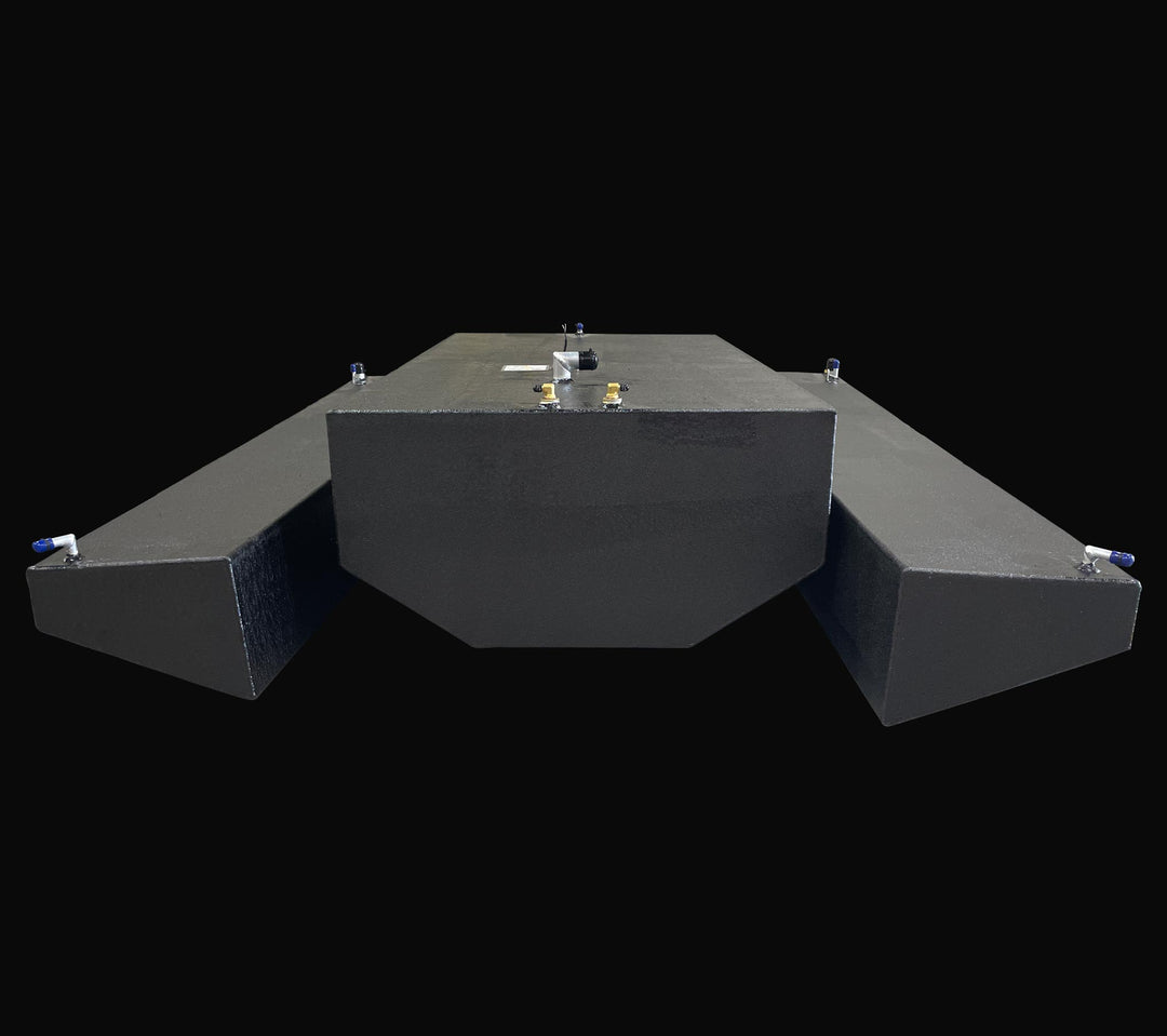 Front-facing view of the complete 3-tank replacement fuel system for a 1991 Intrepid 30, showing the 178-gallon main tank flanked by two 47-gallon wing tanks. The image highlights the specialized hull-conforming sloped geometry and heavy-duty Coal Tar Epoxy coating, ensuring a guaranteed OEM fit and superior corrosion resistance for classic Intrepid offshore restorations.