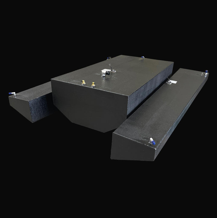 High-angle isometric view of the complete 3-tank fuel system replacement for a 1991 Intrepid 30, featuring a 178-gallon main tank and 47-gallon port/starboard wing tanks. The image showcases the precision-engineered hull-conforming geometry and the rugged, high-build Coal Tar Epoxy coating, designed for a guaranteed OEM fit and maximum corrosion resistance in foamed-in marine environments.