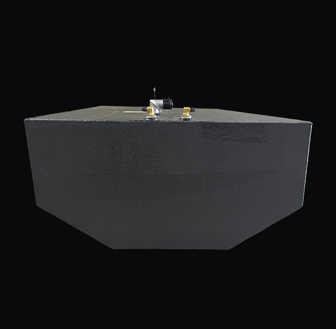 Front-facing view of a 178-gallon Intrepid 30 (1991) main fuel tank replacement, showcasing the precision-engineered hull-conforming bottom geometry. This perspective highlights the rugged Coal Tar Epoxy coating and top-mounted fuel system ports, ensuring a guaranteed OEM fit and superior corrosion resistance for classic offshore Intrepid restorations.