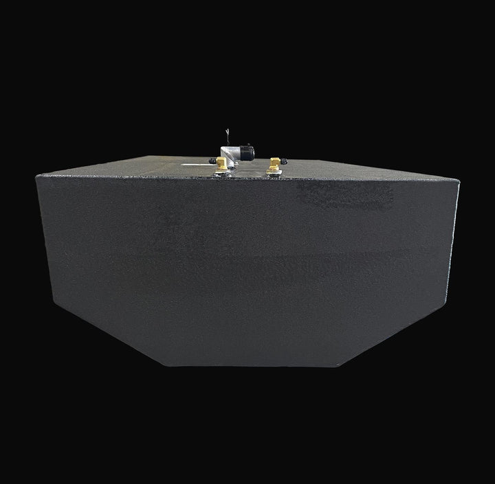 Front-facing view of a 178-gallon Intrepid 30 (1991) main fuel tank replacement, showcasing the precision-engineered hull-conforming bottom geometry. This perspective highlights the rugged Coal Tar Epoxy coating and top-mounted fuel system ports, ensuring a guaranteed OEM fit and superior corrosion resistance for classic offshore Intrepid restorations.