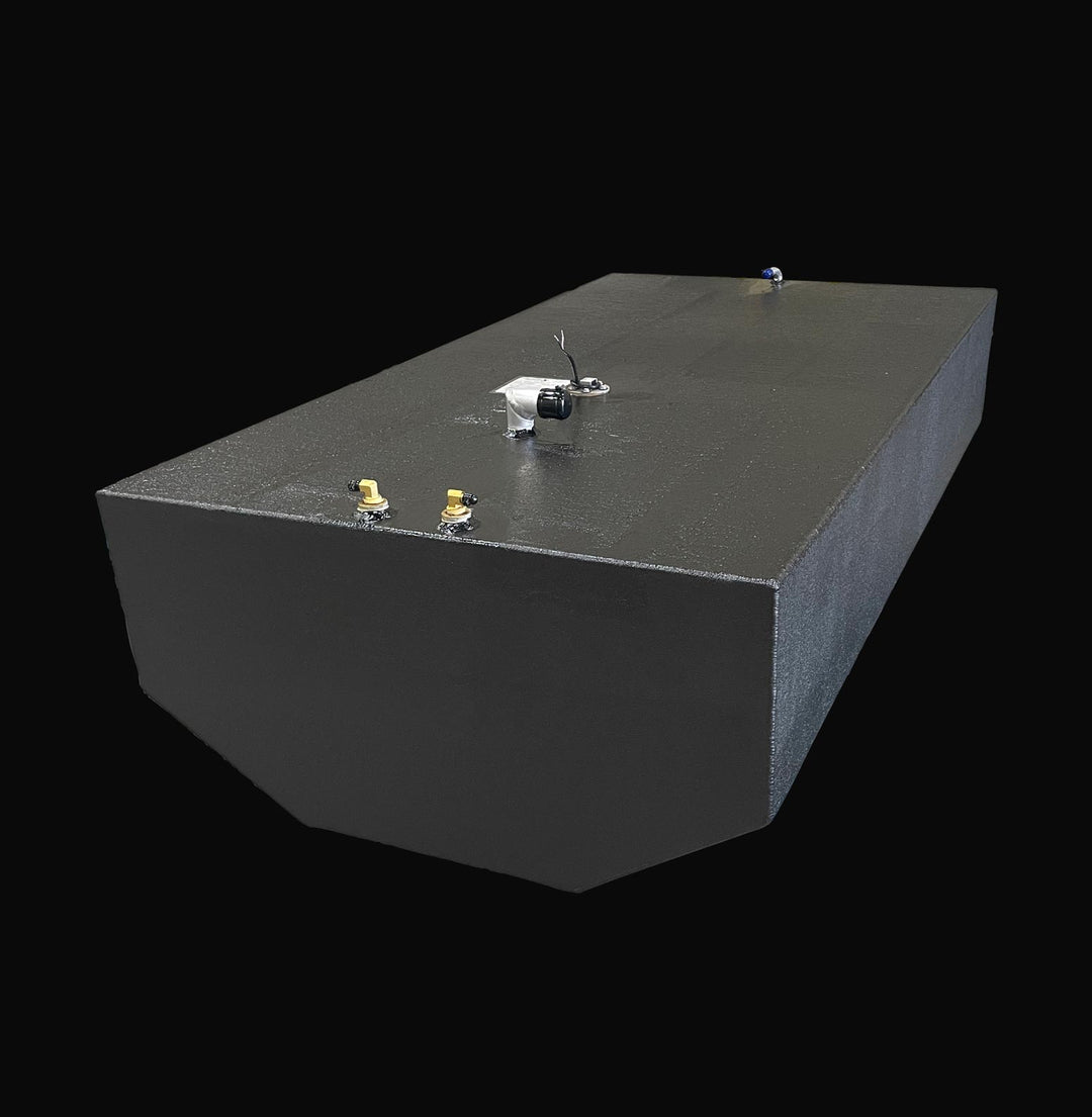 High-angle isometric view of a 178-gallon Intrepid 30 (1991) main fuel tank replacement, showcasing the precision-engineered hull-conforming bottom geometry. The image highlights the rugged, high-build Coal Tar Epoxy coating and top-mounted fuel system components, ensuring a guaranteed OEM fit and superior corrosion resistance for classic offshore Intrepid restorations.