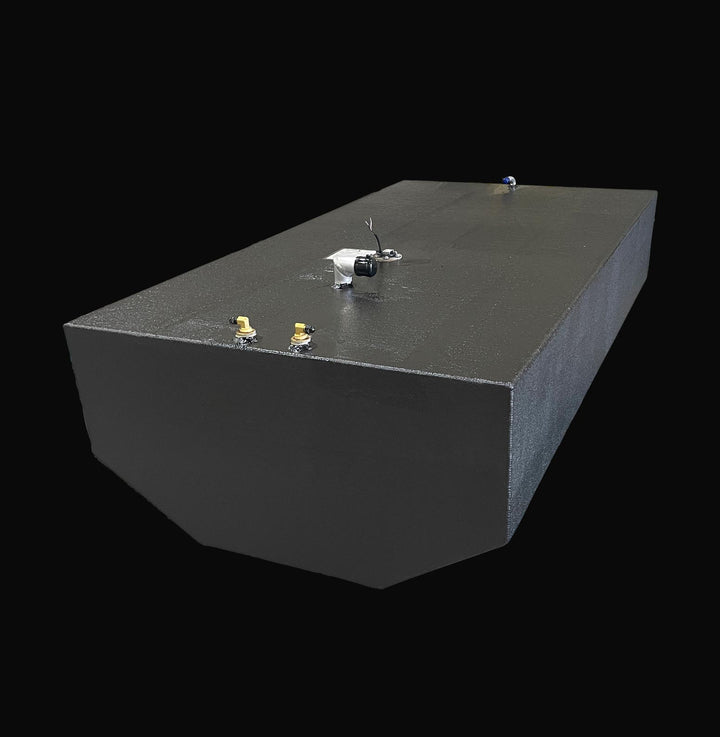 High-angle isometric view of a 178-gallon Intrepid 30 (1991) main fuel tank replacement, showcasing the precision-engineered hull-conforming bottom geometry. The image highlights the rugged, high-build Coal Tar Epoxy coating and top-mounted fuel system components, ensuring a guaranteed OEM fit and superior corrosion resistance for classic offshore Intrepid restorations.