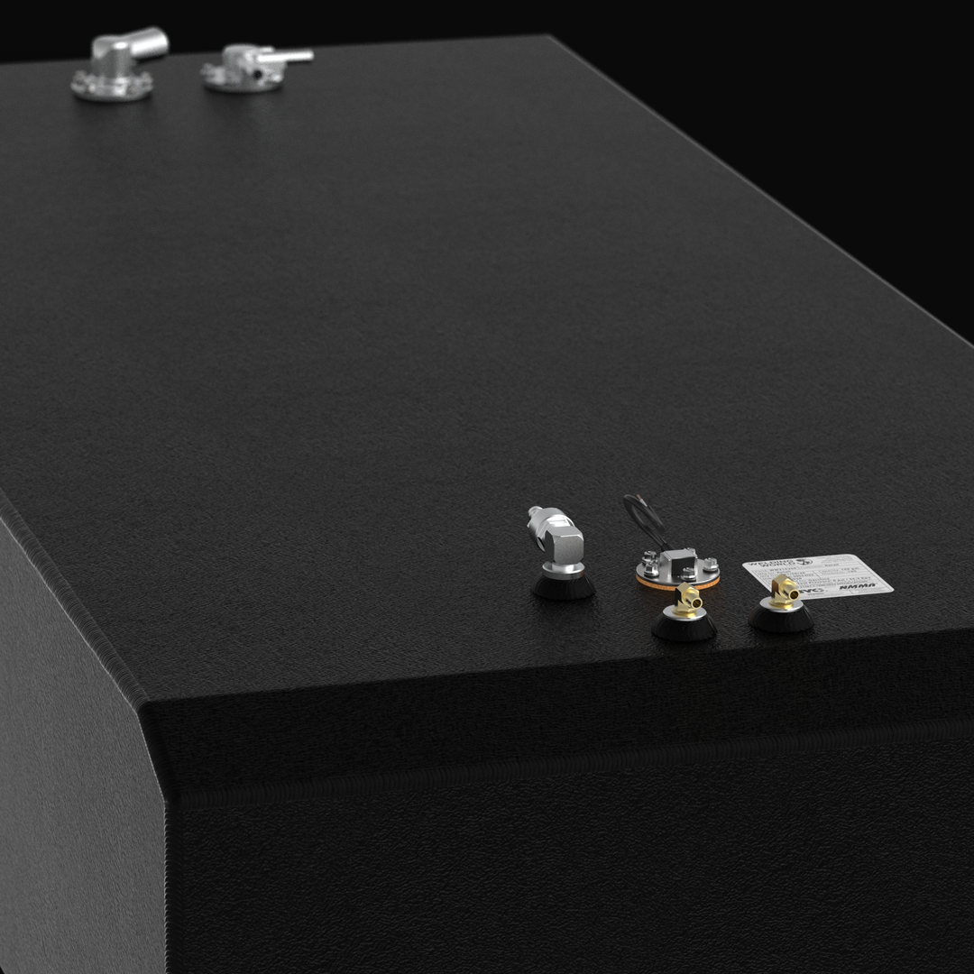 Close-up 3D rendering of the top-mounted rigging on a 282-gallon Intrepid 327 Open fuel tank, featuring triple anti-siphon pickup tubes, a KUS sending unit, and dual fuel fill ports on a textured coal-tar epoxy finish.