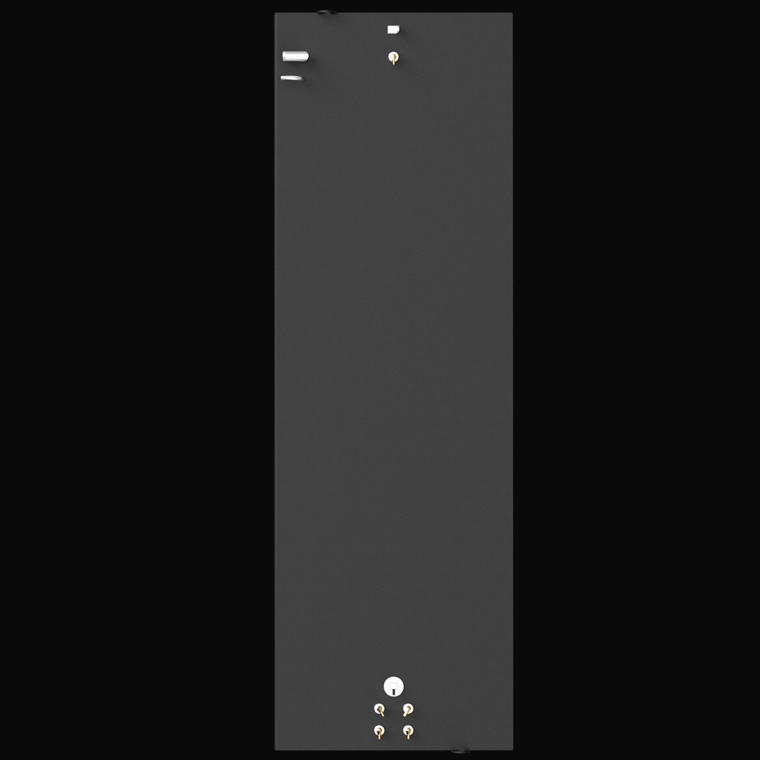 A direct top-down 3D render of a long, rectangular, dark grey boat fuel tank, showing two clusters of fittings on its top surface: brass and silver fittings at the bottom end, and silver pipe fittings at the top end, all against a black background.