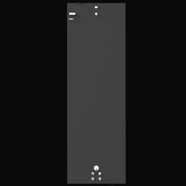 A direct top-down 3D render of a long, rectangular, dark grey boat fuel tank, showing two clusters of fittings on its top surface: brass and silver fittings at the bottom end, and silver pipe fittings at the top end, all against a black background.