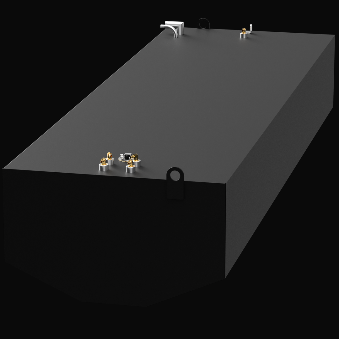 A 3D render of a long, rectangular, dark grey boat fuel tank, shown at an angle. The tank features two clusters of brass and silver fittings and two D-rings on its top surface, against a black background.