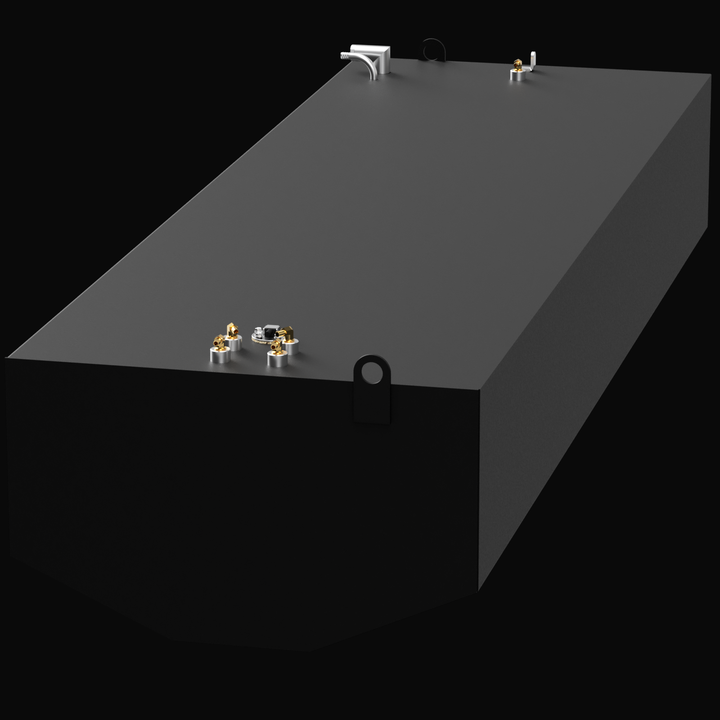A 3D render of a long, rectangular, dark grey boat fuel tank, shown at an angle. The tank features two clusters of brass and silver fittings and two D-rings on its top surface, against a black background.