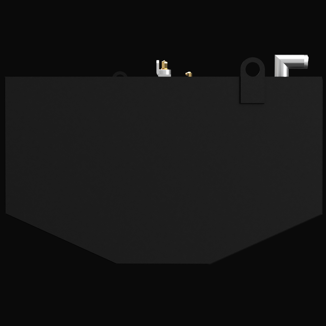 A 3D render showing the profile view of a dark grey boat fuel tank with a faceted bottom. Various small brass and silver fittings and a black D-ring are visible on the top edge, against a black background.