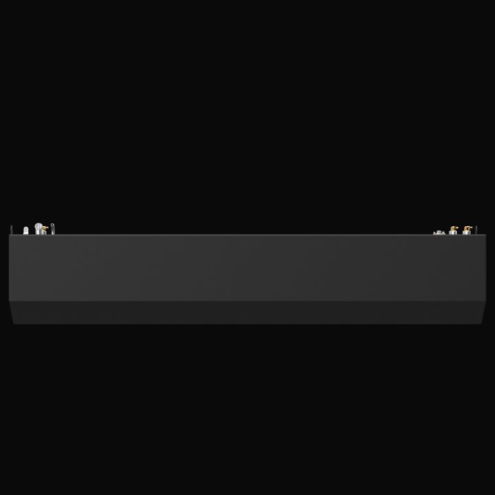 A 3D render showing a long side profile of a dark grey boat fuel tank, highlighting the two clusters of brass and silver fittings visible on the top edge, against a black background.