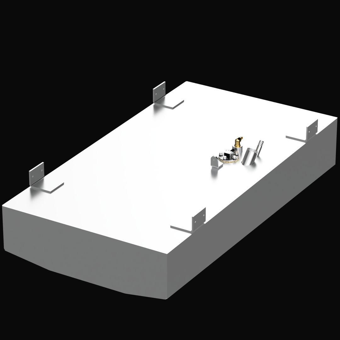 A 3D render of the Key Largo 15 31-gallon 2014 OEM replacement fuel tank, showing the light grey tank with silver and brass fittings and four mounting brackets on its top surface, against a black background.