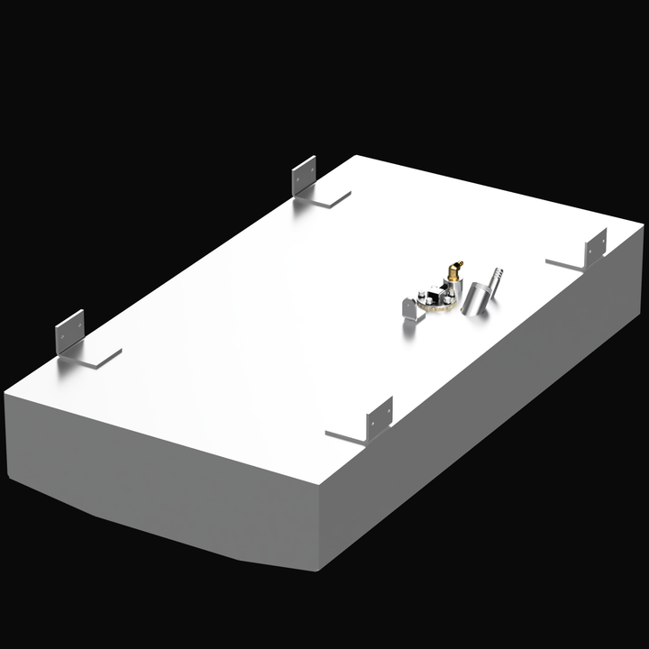 A 3D render of the Key Largo 15 31-gallon 2014 OEM replacement fuel tank, showing the light grey tank with silver and brass fittings and four mounting brackets on its top surface, against a black background.