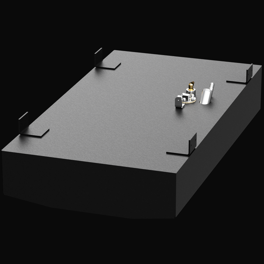 A 3D render of a rectangular, dark grey boat fuel tank, shown at an angle. The tank features a cluster of brass and silver fittings and four mounting brackets on its top surface, against a black background.