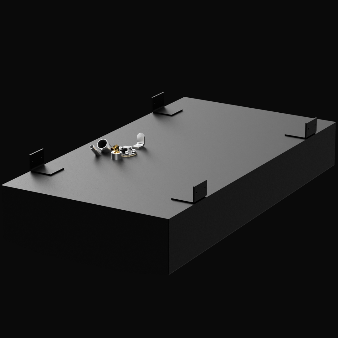 A 3D render of a rectangular, dark grey boat fuel tank, shown at an angle. The tank features a cluster of brass and silver fittings and four large mounting brackets on its top surface, against a black background.