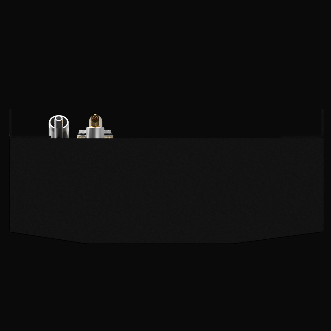 A 3D render of a rectangular, dark grey boat fuel tank, shown at an angle. The tank features a cluster of brass and silver fittings and four large mounting brackets on its top surface, against a black background.