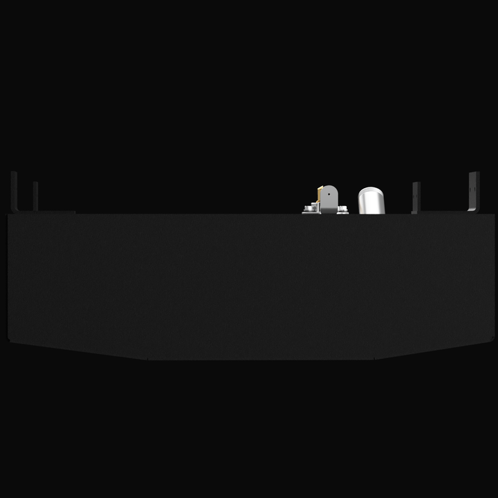 A 3D render showing the profile view of a dark grey boat fuel tank with a faceted bottom. A cluster of brass and silver fittings and two large mounting brackets are visible on the top edge, against a black background.