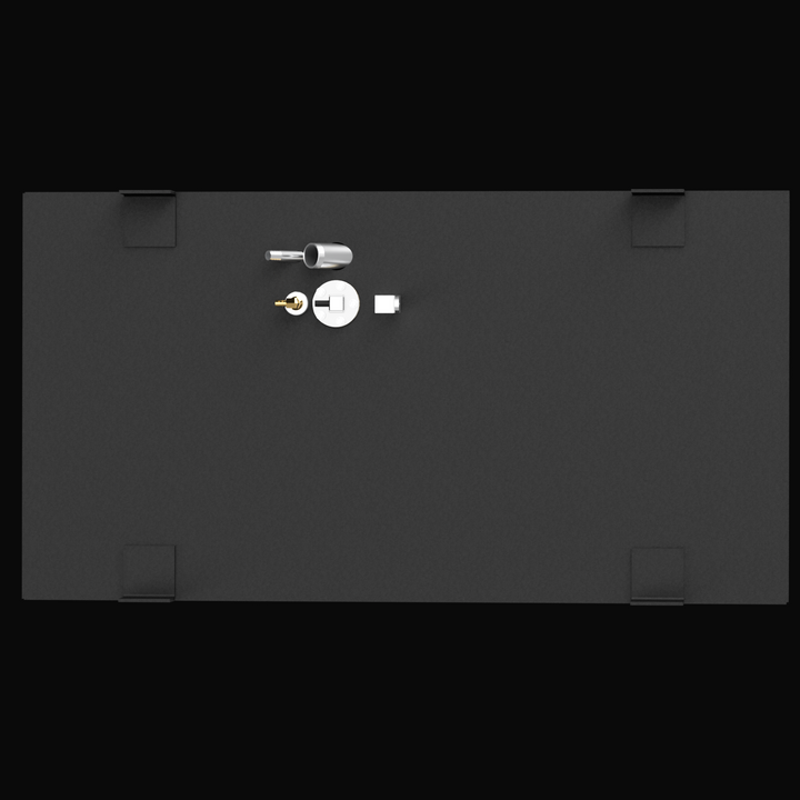 A direct top-down 3D render of a rectangular, dark grey boat fuel tank, showing a cluster of brass and silver fittings and four large mounting tabs on its top surface, against a black background.