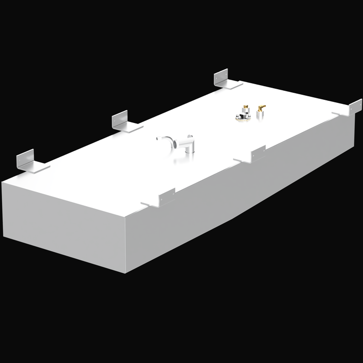 A 3D render of the Mako 19 59-gallon 1994 OEM replacement fuel tank, showing the long, white, rectangular tank with silver and brass fittings and six mounting brackets on its top surface, against a black background.