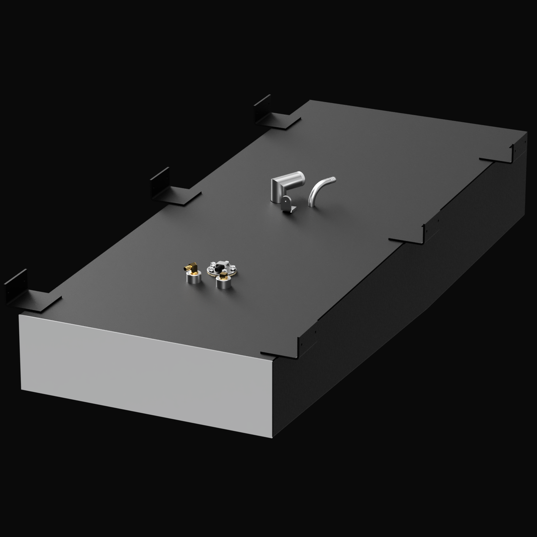 A 3D render of a long, rectangular, dark grey boat fuel tank, shown at an angle. The tank features a cluster of silver and brass-colored fittings and six black mounting tabs on its top surface, against a black background.