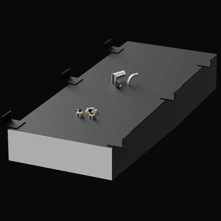A 3D render of a long, rectangular, dark grey boat fuel tank, shown at an angle. The tank features a cluster of silver and brass-colored fittings and six black mounting tabs on its top surface, against a black background.