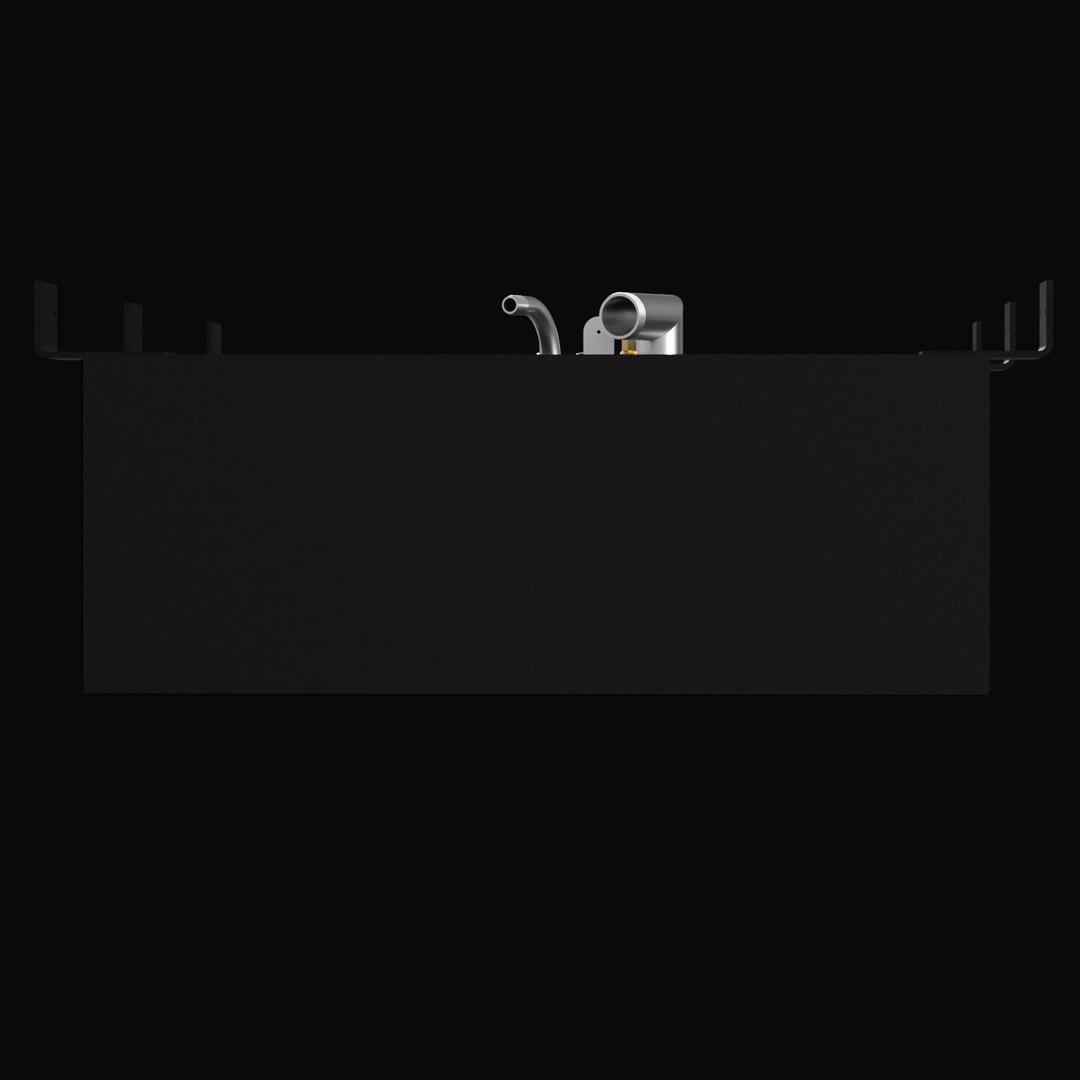 A 3D render showing a side profile of a dark grey boat fuel tank, highlighting the brass and silver-colored fittings and L-shaped mounting tabs visible along the top edge, against a black background.