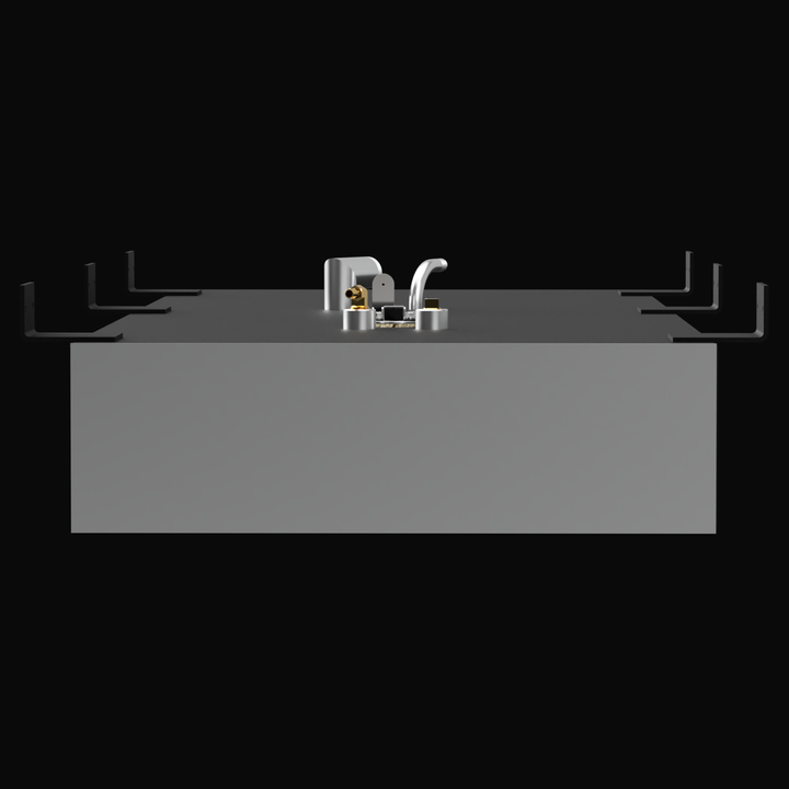 A 3D render showing the profile of a light grey boat fuel tank, highlighting the brass and silver-colored fittings and six large L-shaped mounting brackets on its top surface, against a black background.