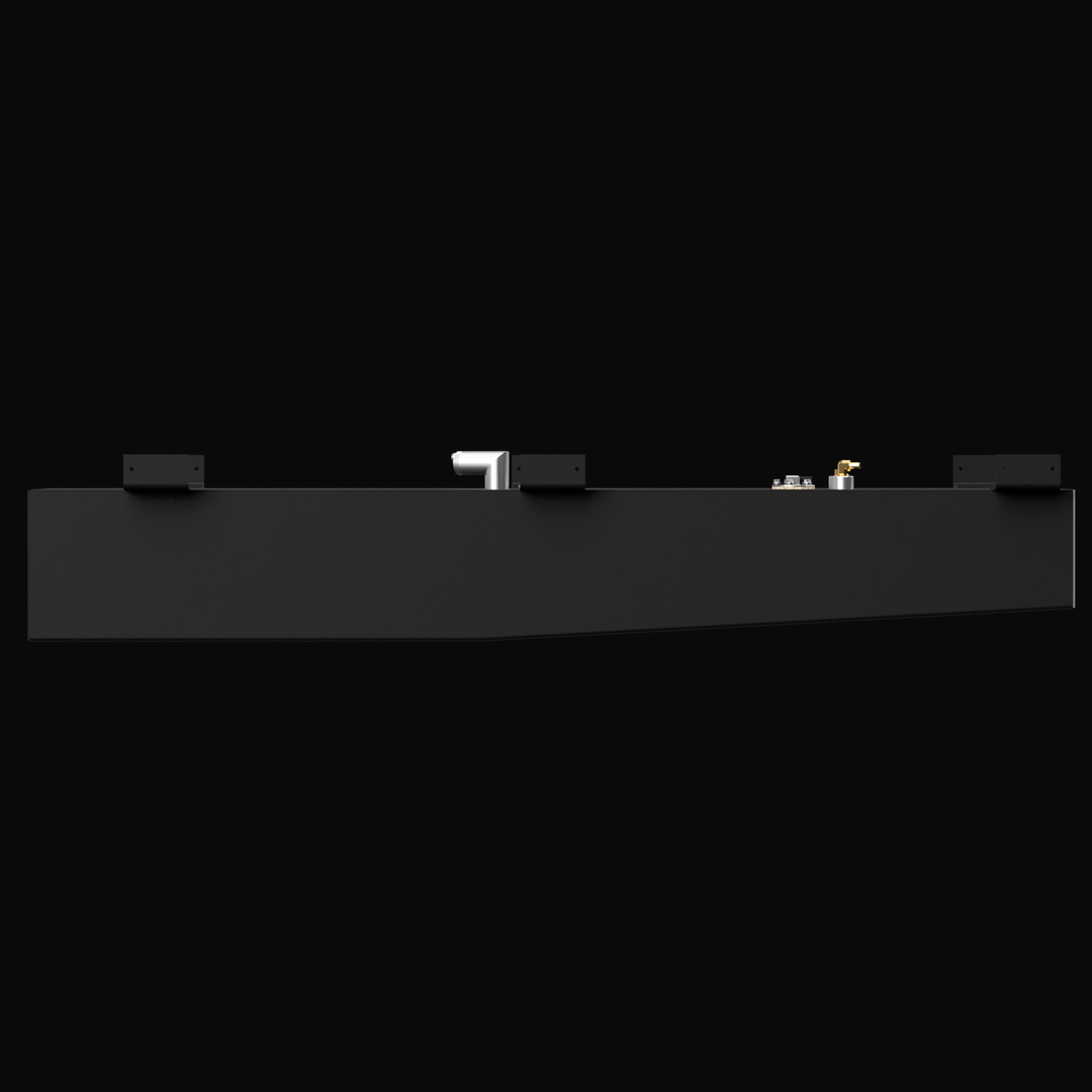 A 3D render showing a long side profile of a dark grey boat fuel tank. The bottom surface slopes downwards to the right, and the top features various fittings and black mounting tabs, against a black background.