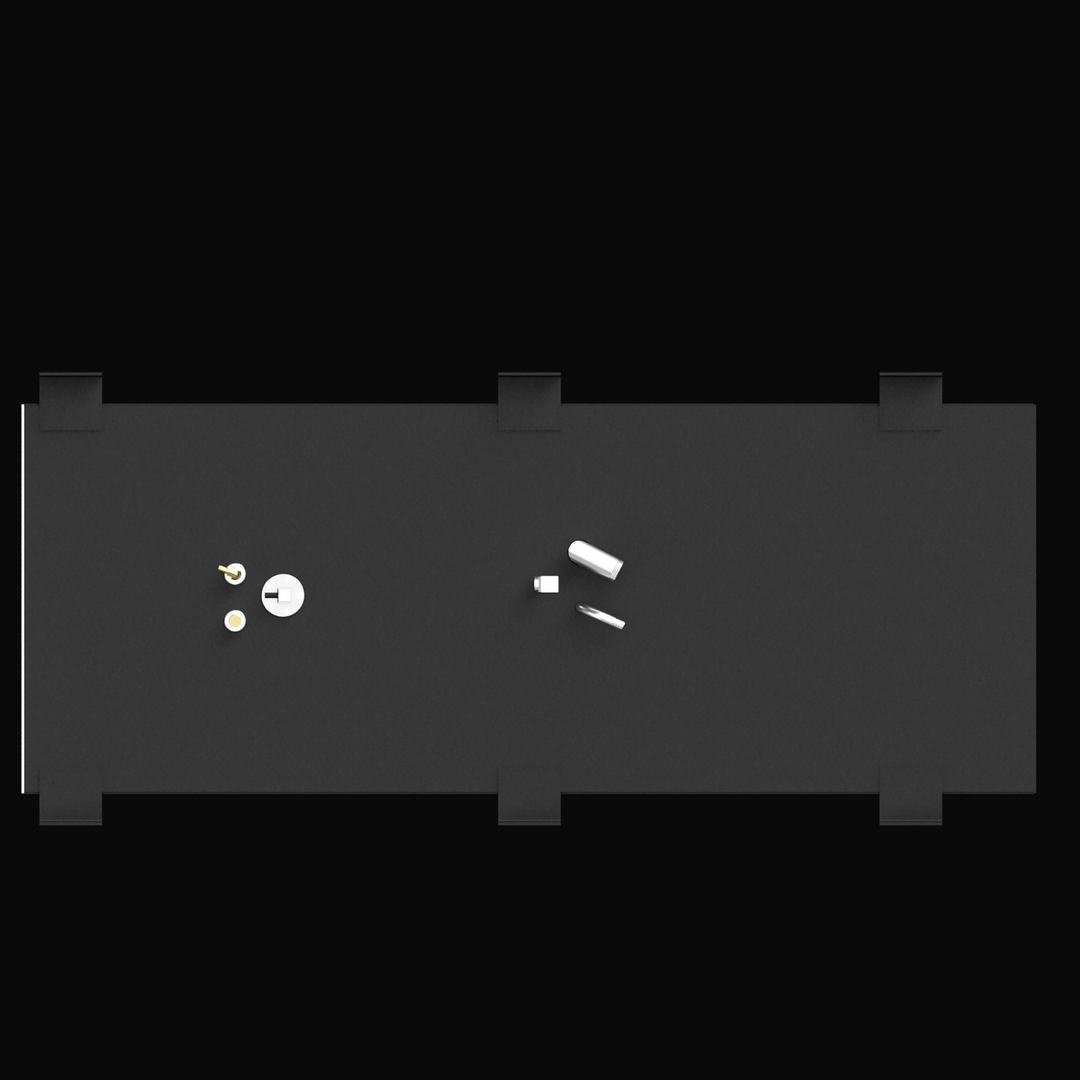 A direct top-down 3D render of a long, rectangular, dark grey boat fuel tank, showing six large mounting tabs and two clusters of fittings on its top surface, against a black background.