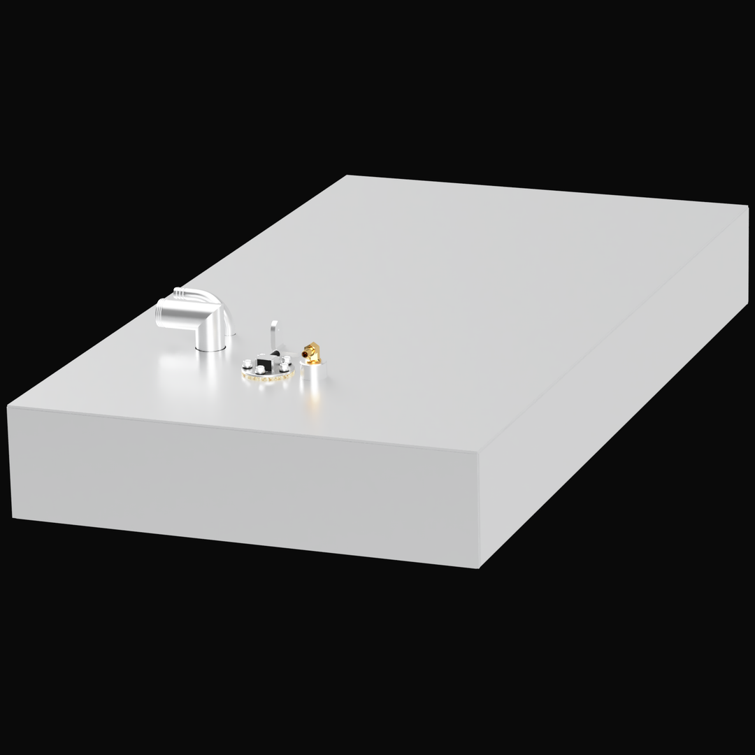 A rectangular, silver-colored fuel tank with a white exterior. It has a pipe fitting, a gauge, and a brass valve on the top surface, set against a black background