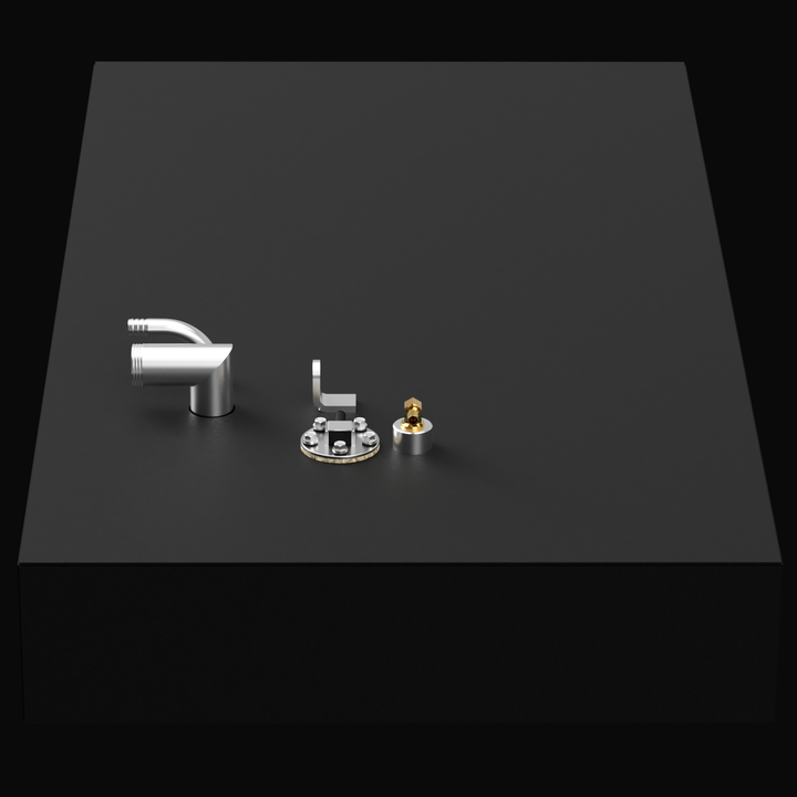 A black rectangular box with three metallic boat fuel tank fittings on top, including a pipe, a mounting plate, and a small connector, all set against a black background.