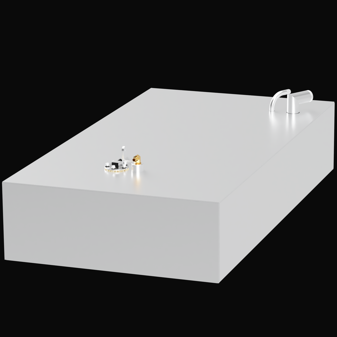 Rectangular marine fuel tank with a clean white finish, featuring various fittings on the top surface. The fittings include two metal curved pipes on the upper right corner and a cluster of smaller fittings, including a gold valve, near the lower center. The tank is shown against a black background