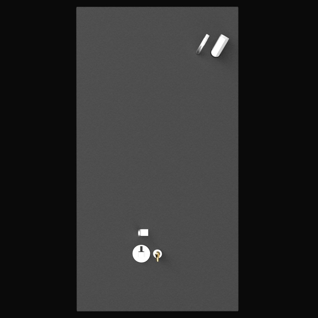 Top-down view of a black rectangular marine fuel tank with various fittings on the surface. There are two large white fittings on the upper right corner, and three smaller fittings (white and gold) clustered near the bottom center. The background is dark gray, highlighting the tank's fittings
