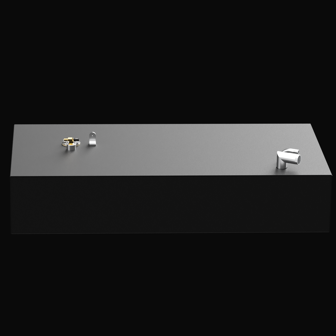 A sleek, rectangular marine fuel tank with a matte black finish is shown against a black background. On the top surface, it features two curved silver metal fittings on the right and a cluster of smaller fittings including a gold valve and a metal bracket on the left