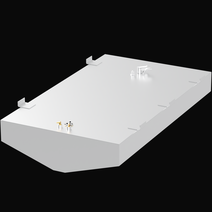 A rectangular, metallic fuel tank with various fittings and valves on its surface. The tank is labeled "Mako 22 1997 Fuel Tank 121 gal" and has a sleek, industrial appearance, set against a black background