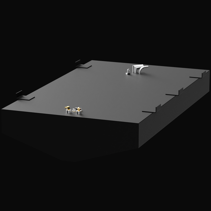 A 3D rendering of a black fuel tank designed for a 1997 Mako 22 boat, featuring a capacity of 121 gallons. The tank has several fittings and connectors on its surface, with a sleek, flat design