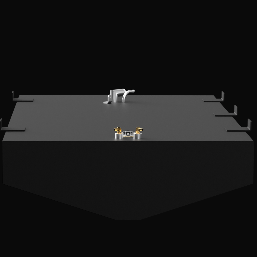 A top view of a 1997 Mako 22 fuel tank, featuring a rectangular design with a capacity of 121 gallons. The tank is shown against a black background, highlighting its metallic surface and fittings, including a fuel inlet and two brass connectors