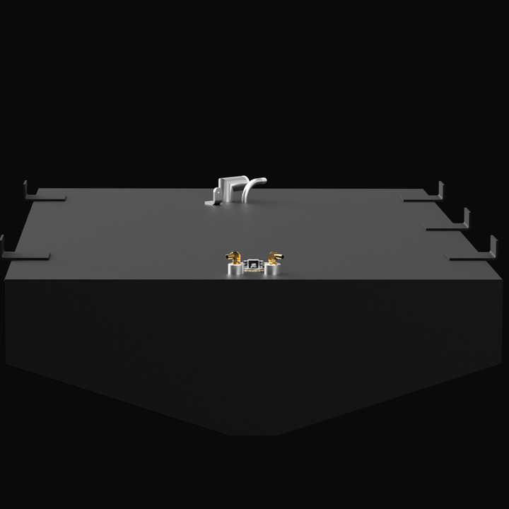 A top view of a 1997 Mako 22 fuel tank, featuring a rectangular design with a capacity of 121 gallons. The tank is shown against a black background, highlighting its metallic surface and fittings, including a fuel inlet and two brass connectors