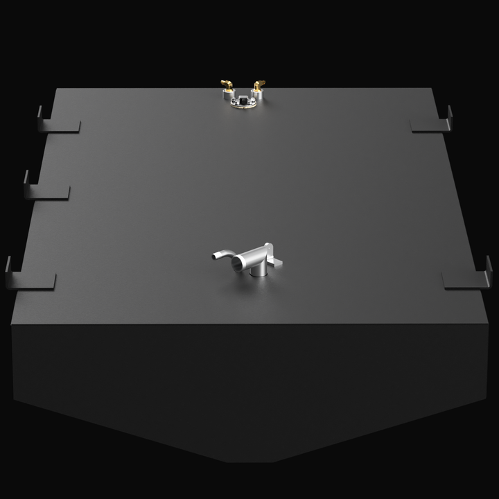 A black rectangular fuel tank with two brass-colored valves on the top and a silver pipe protruding from the front. The tank is labeled "Mako 22 1997 Fuel Tank 121 gal