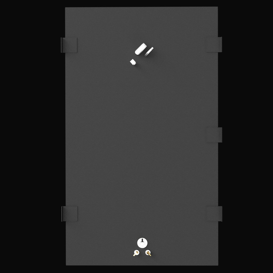 A top-down view of a rectangular, dark gray Mako 22 1997 fuel tank with a capacity of 121 gallons. The tank has various fittings, including two white components near the top and two gold-colored valves or fittings at the bottom, along with a small round gauge or dial