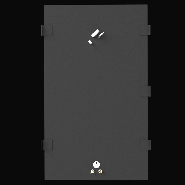 A top-down view of a rectangular, dark gray Mako 22 1997 fuel tank with a capacity of 121 gallons. The tank has various fittings, including two white components near the top and two gold-colored valves or fittings at the bottom, along with a small round gauge or dial