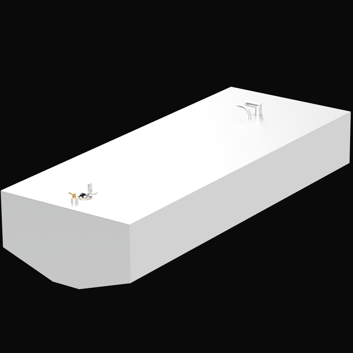 A white rectangular fuel tank with multiple fittings, valves, and pipes on top, labeled for a Mako 230B WA from 1991 with a capacity of 119 gallons. The tank is shown against a black background