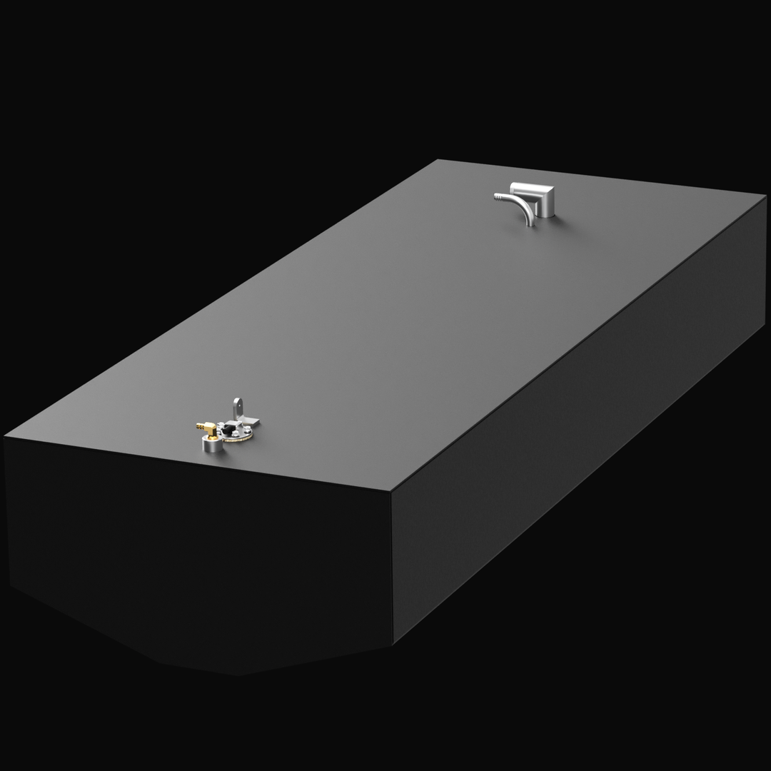 A rectangular, black fuel tank with a small silver vent or fitting on top, and a control panel with gauges and switches on the front side. The tank is set against a black background