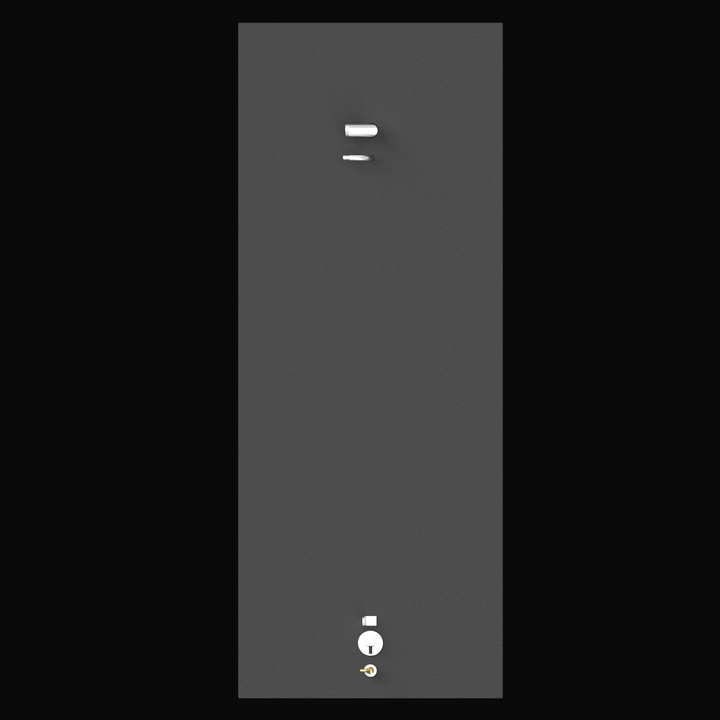 A tall, rectangular, dark gray fuel tank with a small white vent or fitting near the top, and a control panel or indicator at the bottom featuring a white square, a circle with a "T" inside, and a small key symbol