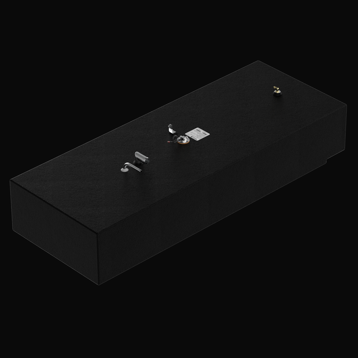 3D isometric rendering of a 120-gallon Mako 238 Cubby replacement fuel tank in matte black finish, featuring heavy-duty aluminum construction and top-mounted fuel fittings on a solid black background.